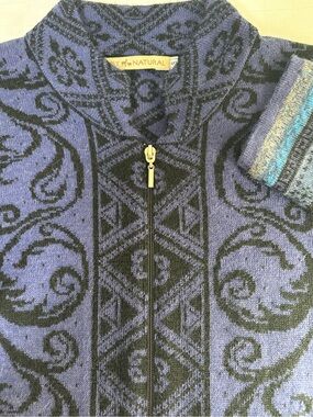 Women’s Luxurious Soft Alpaca Violet, Blue & Black Zip Patterned Light Sweater